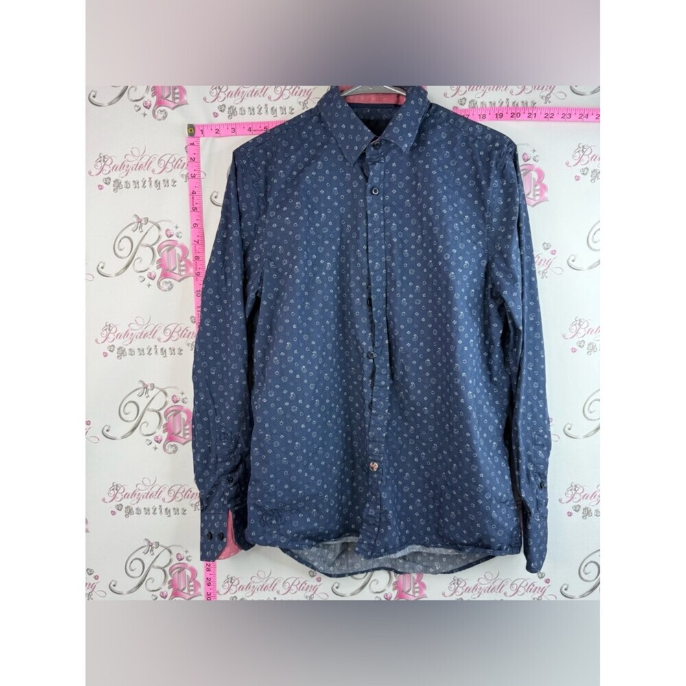 John Lennon button up long sleeve blue Men's Navy Blue Printed Button-Up Shirt